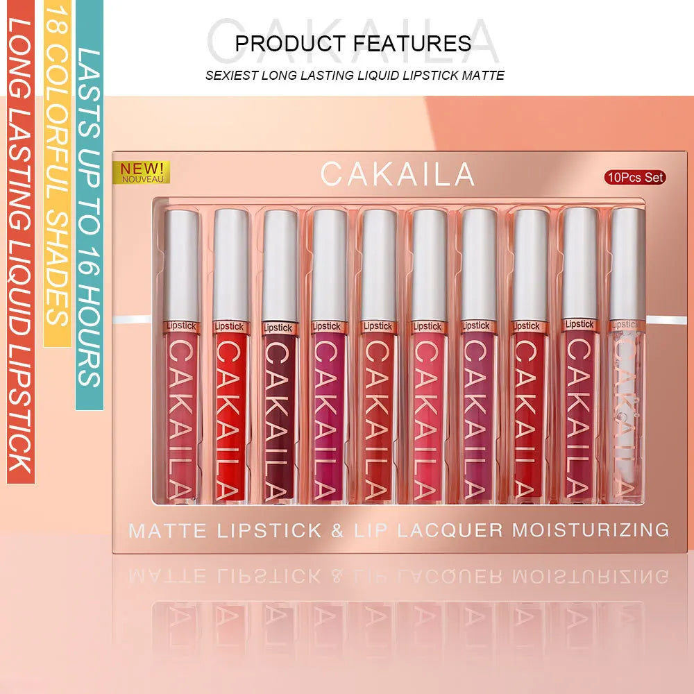 CAKAILA 10pcs/set Nude Lip Gloss Matte Velvet Lipstick Waterproof