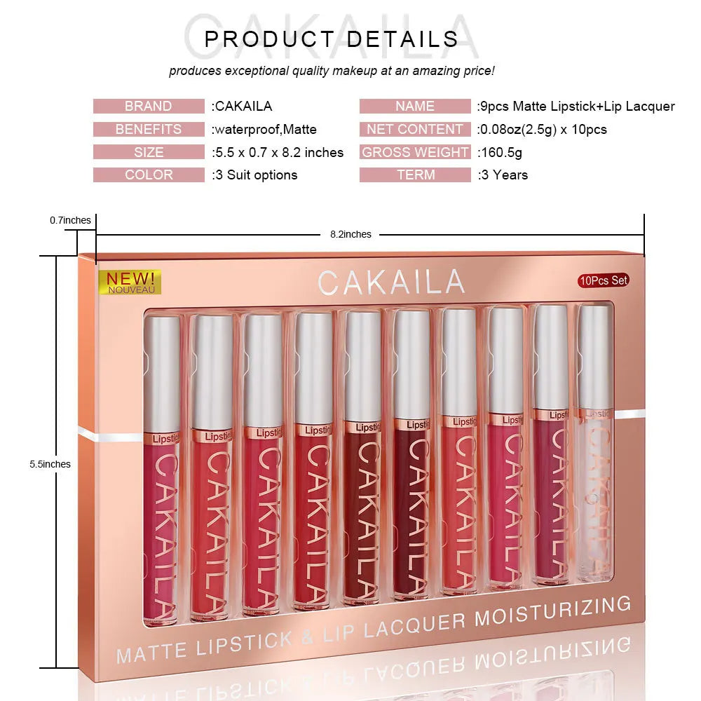 CAKAILA 10pcs/set Nude Lip Gloss Matte Velvet Lipstick Waterproof