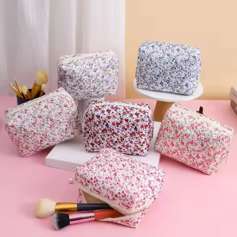 Korean Floral Cosmetic Bag Cotton Fabric Makeup Organizer Bags Women Portable Cosmetic Storage Pouch Zipper Beauty Case Clutches