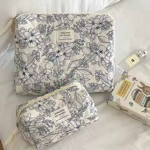 Korean Floral Cosmetic Bag Cotton Fabric Makeup Organizer Bags Women Portable Cosmetic Storage Pouch Zipper Beauty Case Clutches